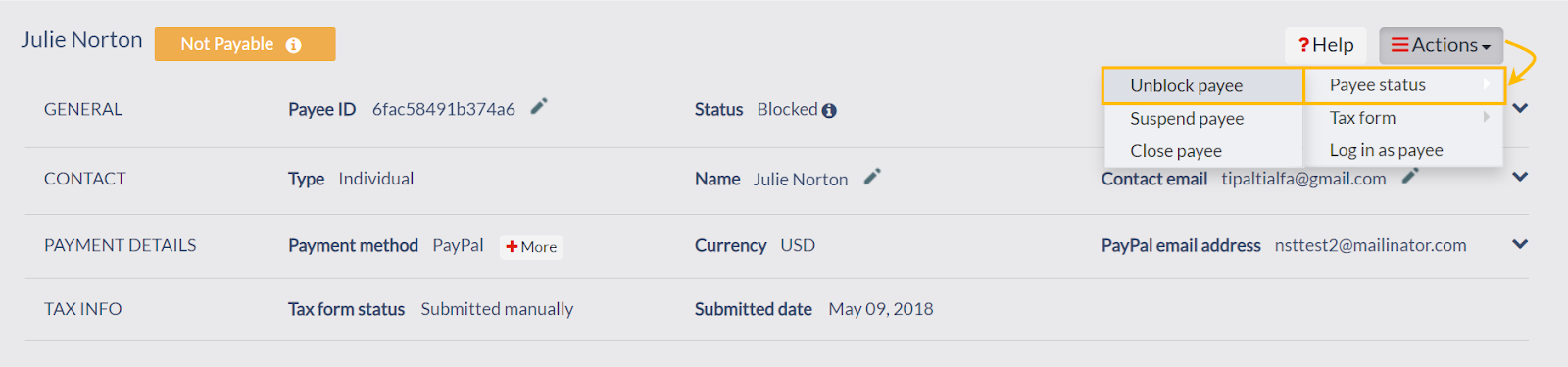 Unblock payee