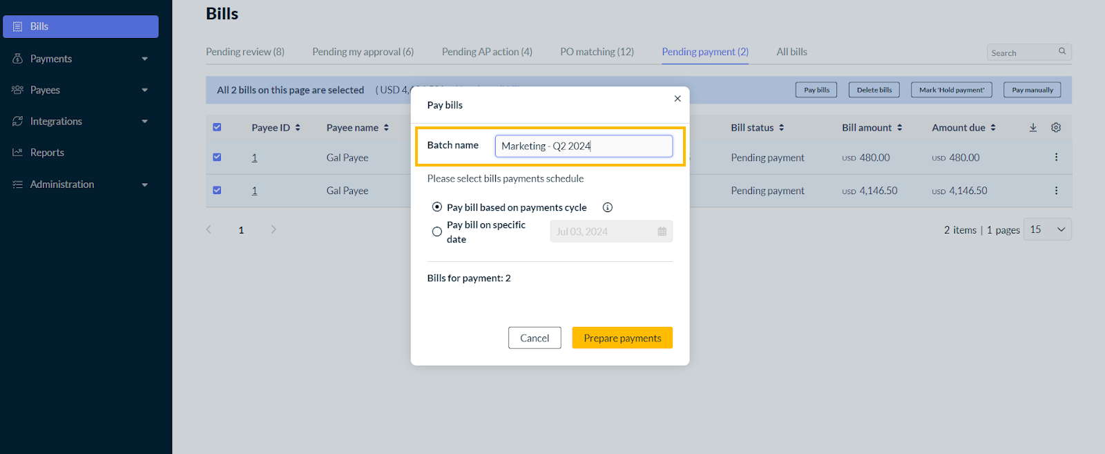 Pay bill popup