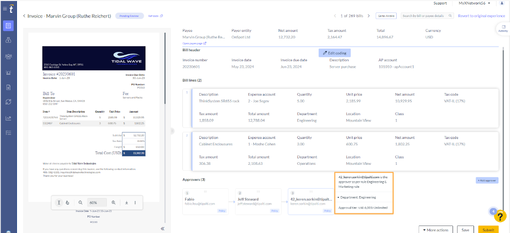 Invoice review screen