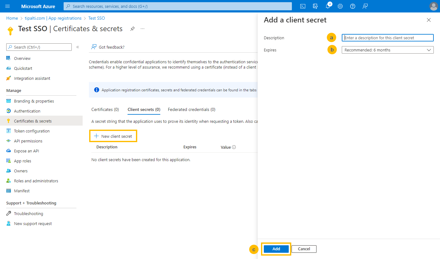 Add a client secret side pane