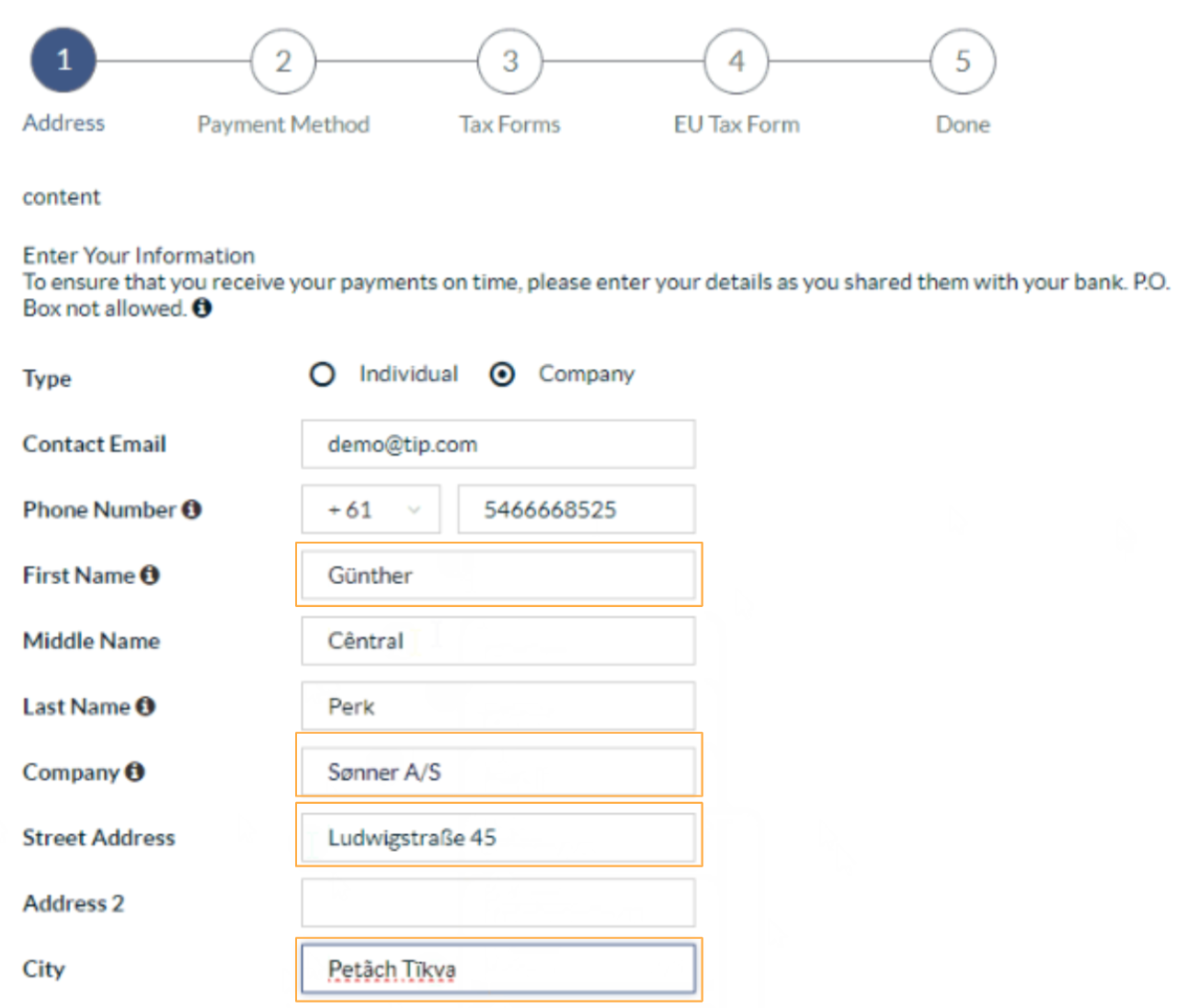 Payee information page