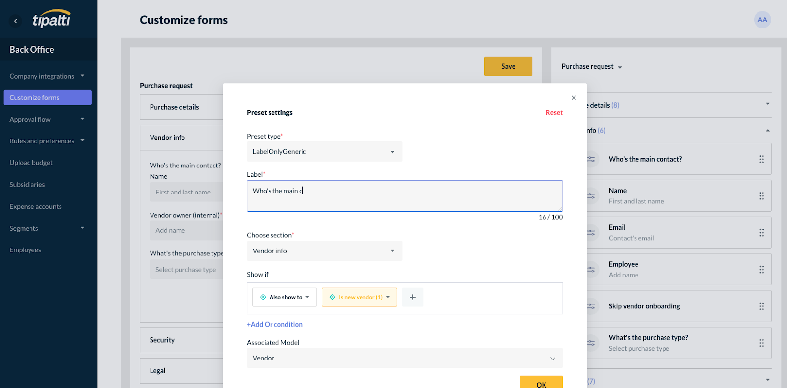 Customize forms screen