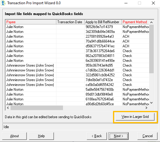 View in Larger Grid button in the Transaction Pro wizard