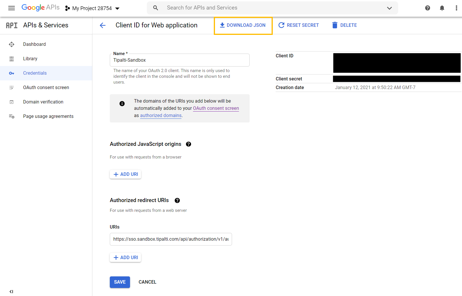 Client ID for Web applications screen