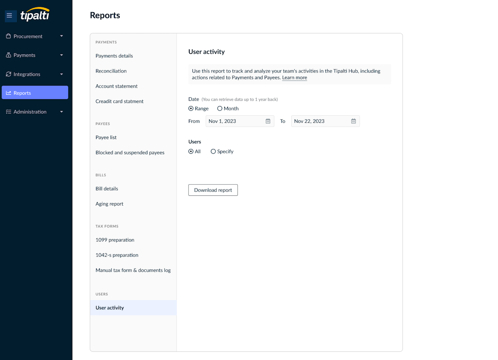 User activity report