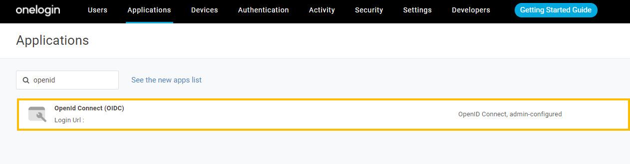 Find OpenOD Connect (OIDC) application