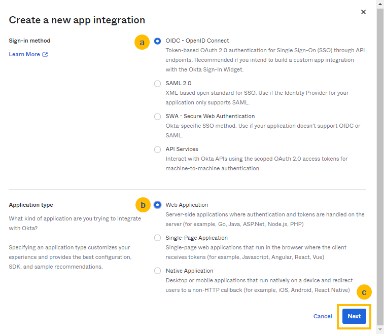 Create a new app integration page in Okta
