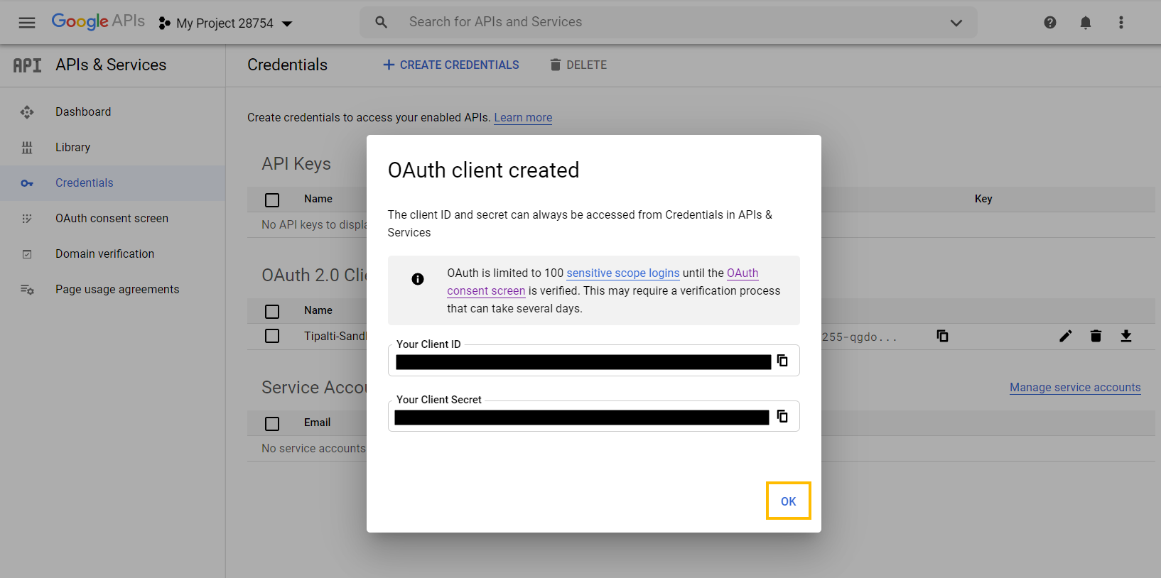 OAuth client created dialog