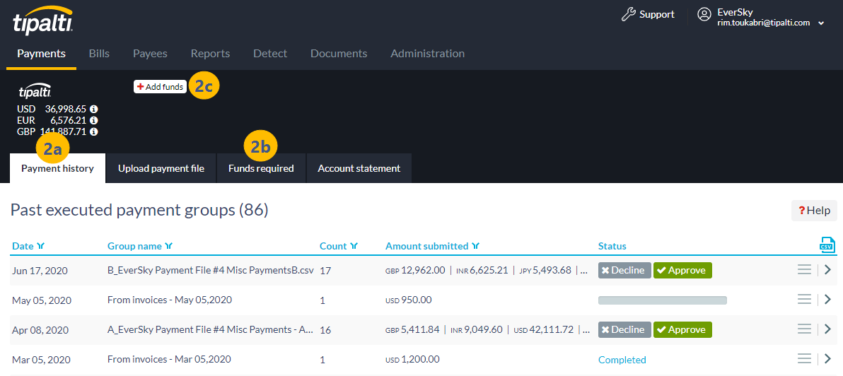 Payments tab in the AP Hub