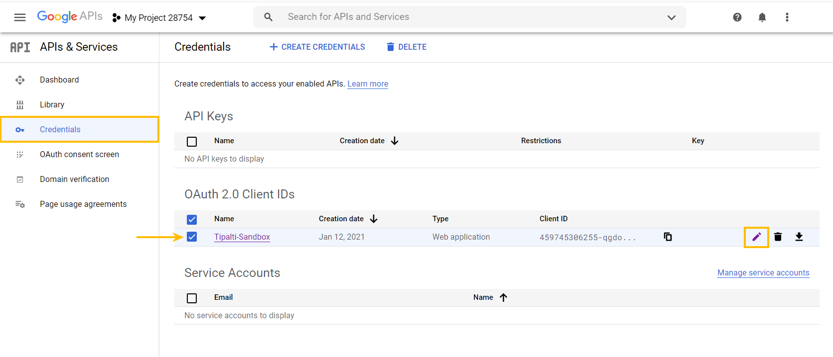 OAuth 2.0 Client IDs section
