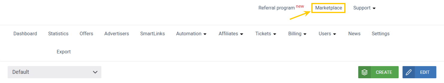 Marketplace tab in Affise